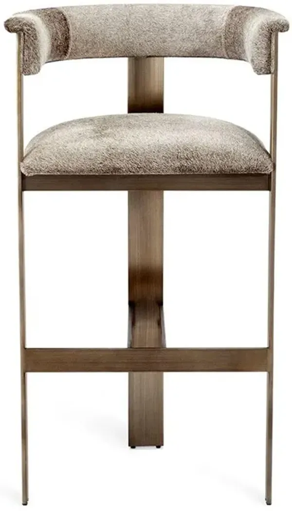 Darcy Mid Century Natural Grey Hide Antique Bronze Steel Bar Stool