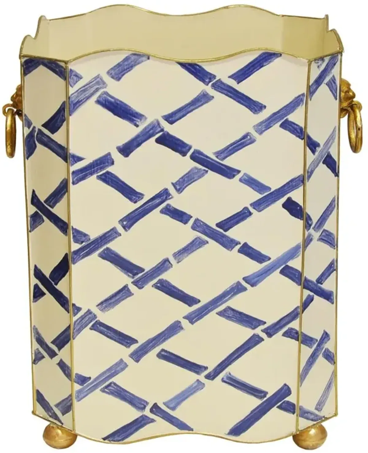 Worlds Away Regency Cream Metal Blue Bamboo Gold Accent Square Wastebasket