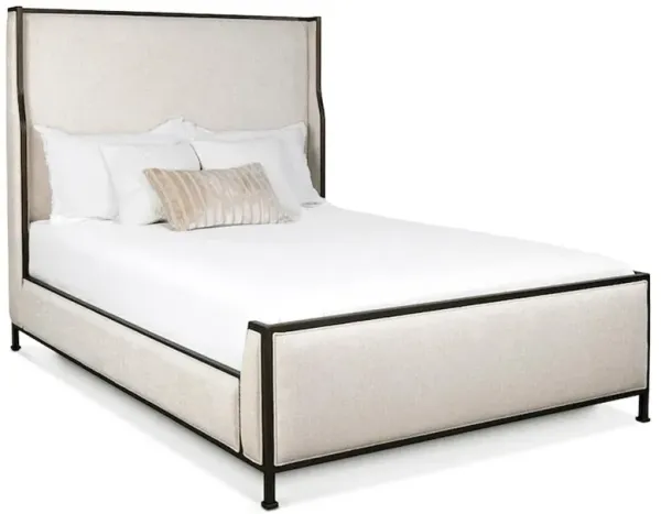 Linnea Modern Lyric Ivory Upholstered Matte Black Iron Wingback Bed - Full