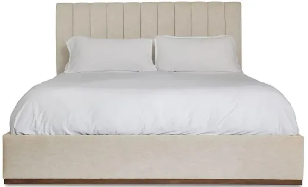 Natalie Rustic Beige Performance Fabric Brown Teak Wood Platform Bed - Cal King