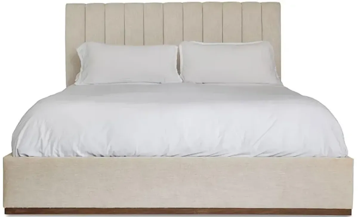 Natalie Rustic Beige Performance Fabric Brown Teak Wood Platform Bed - King