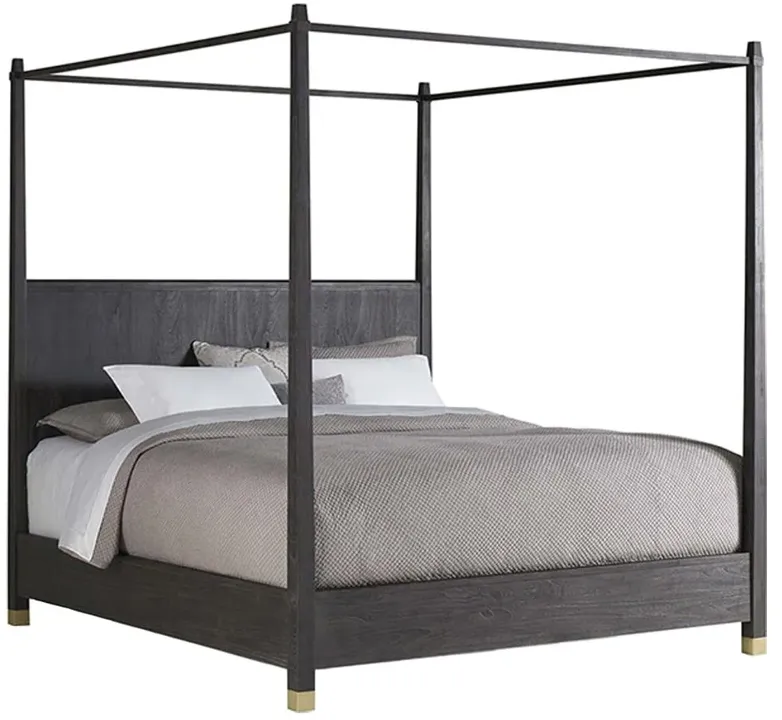 Brooklyn Rustic Dark Brown Teak Wood Antique Brass Footed Canopy Bed - Cal King