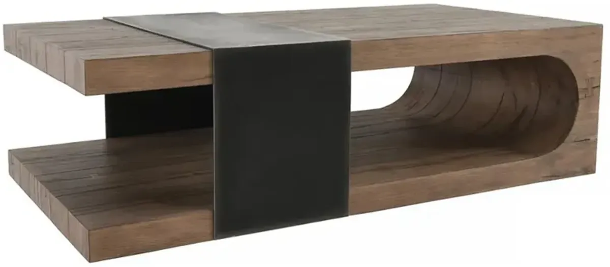 Dani Rustic Lodge Brown Oak Wood Black Iron Accent Coffee Table