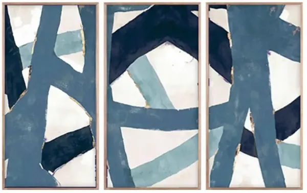 Cream Blue Weave Triptych Painting - 24x48