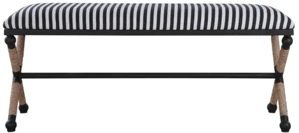 Bentley Coastal Beach Black Iron Frame Rope Accent Striped Bench