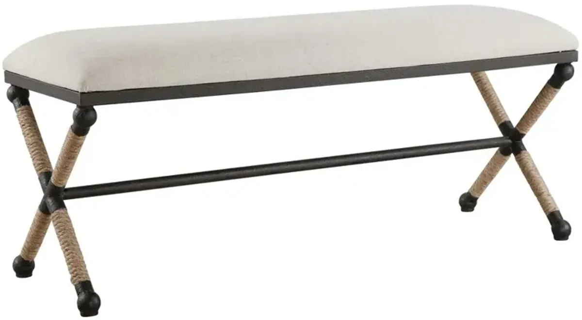 Finley Coastal Beach Black Iron Frame Rope Accent Beige Cushion Bench