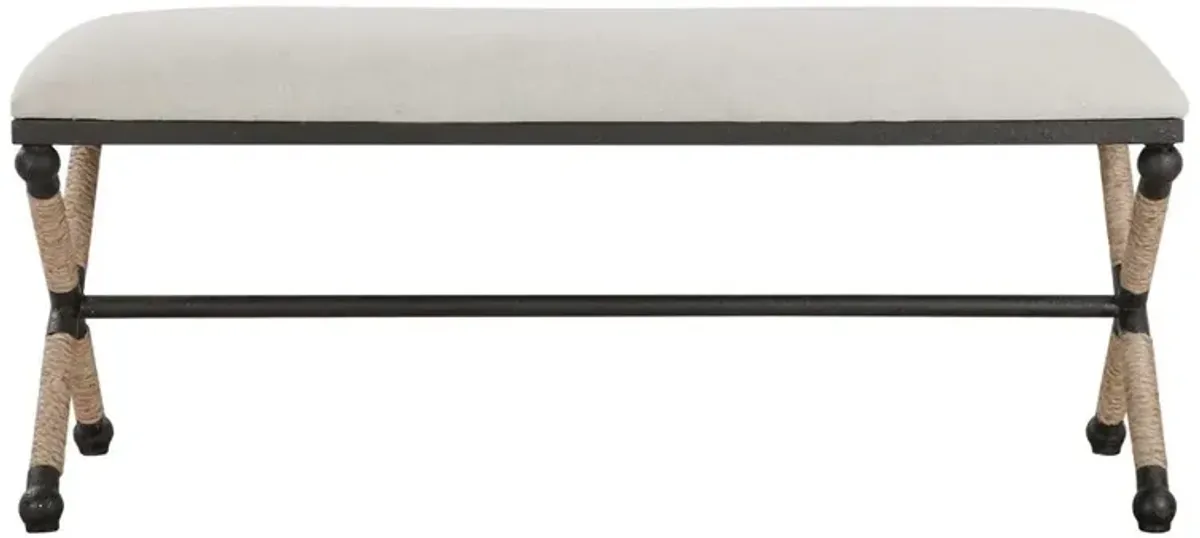 Finley Coastal Beach Black Iron Frame Rope Accent Beige Cushion Bench