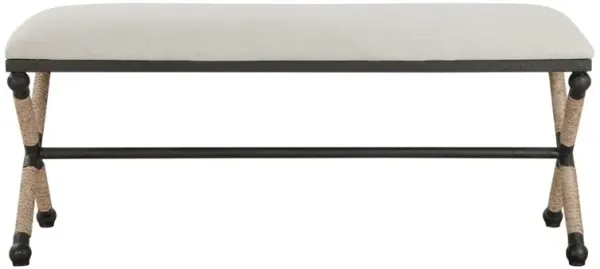 Finley Coastal Beach Black Iron Frame Rope Accent Beige Cushion Bench