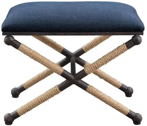 Finley Coastal Beach Black Iron Frame Rope Accent Blue Cushion Top Stool