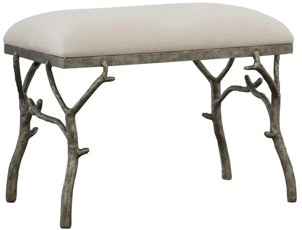Lily French Country Beige Upholstered Antique Silver Branch Stool