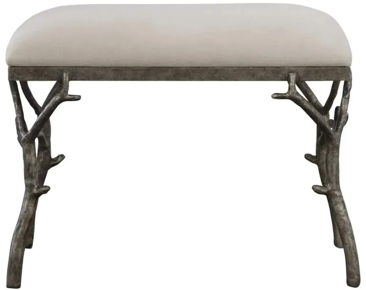 Lily French Country Beige Upholstered Antique Silver Branch Stool