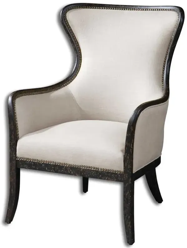 Sophia French Country Beige Performance Black Wood Nailhead Wing Chair