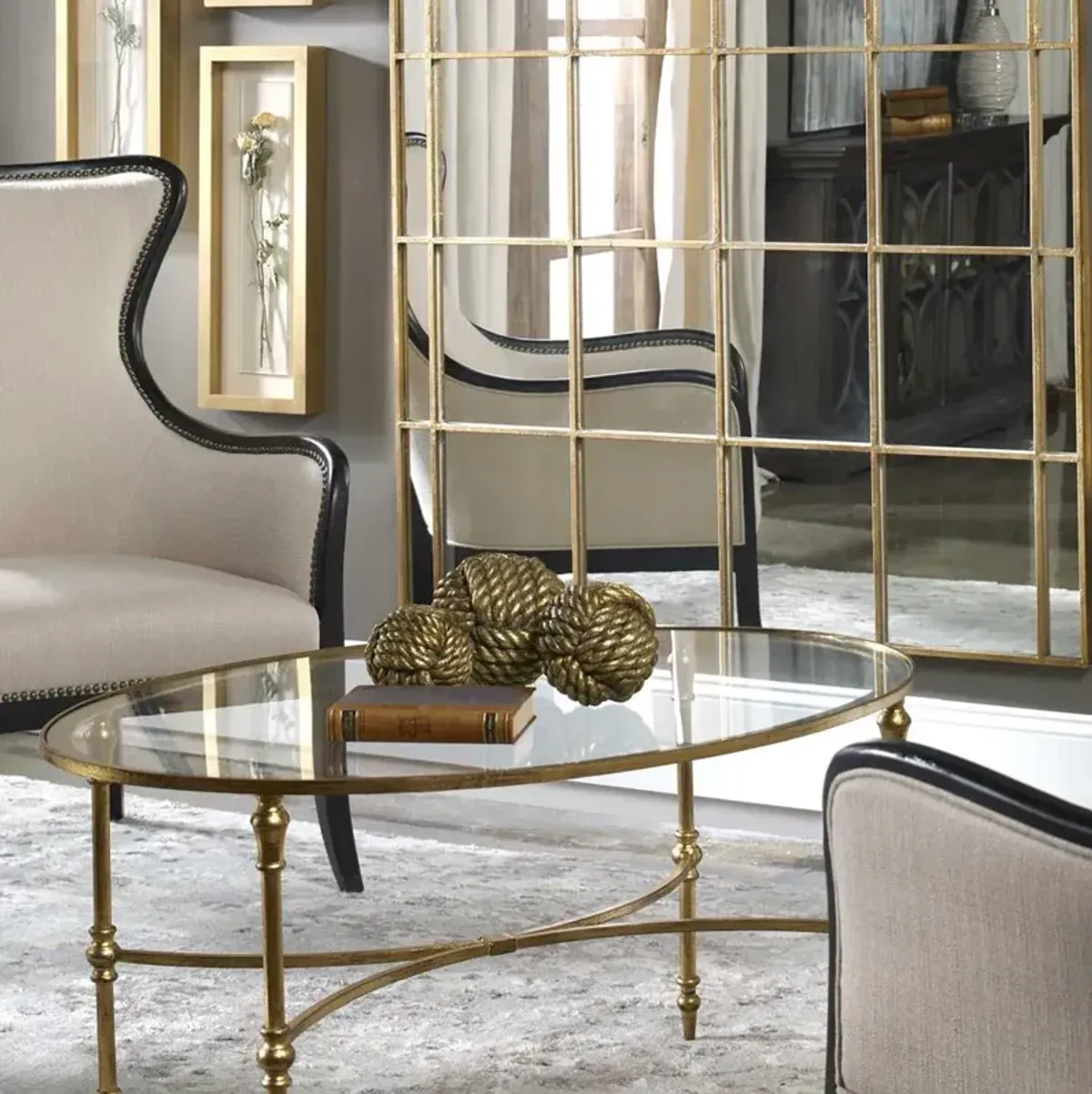 Victoria Hollywood Regency Antiqued Gold Frame Glass Top Oval Coffee Table