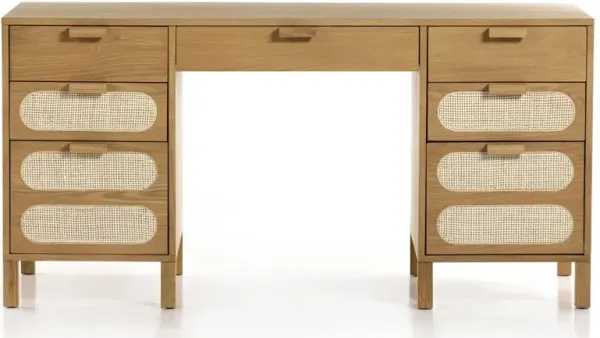 Allie Coastal Light Brown Oak Wood Natural Woven Cane Desk