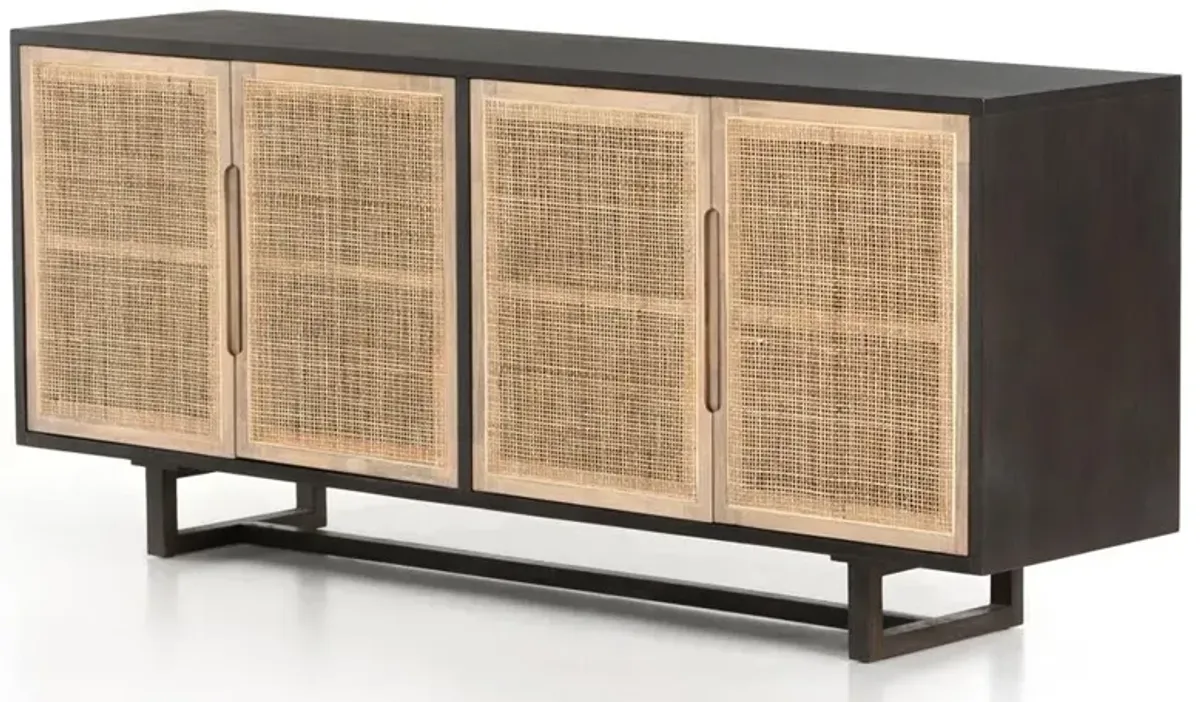 Marina Coastal Beach Black Solid Mango Wood Woven Cane Sideboard