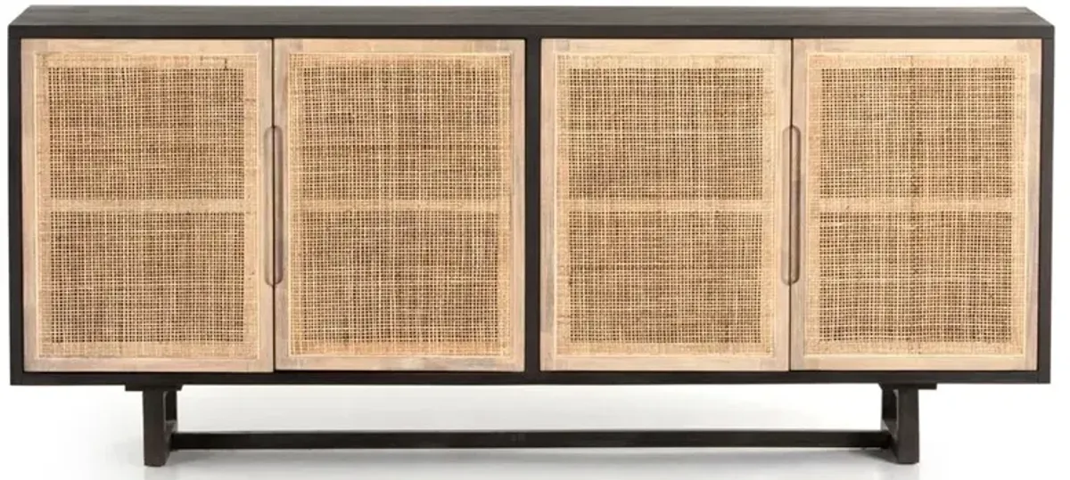 Marina Coastal Beach Black Solid Mango Wood Woven Cane Sideboard