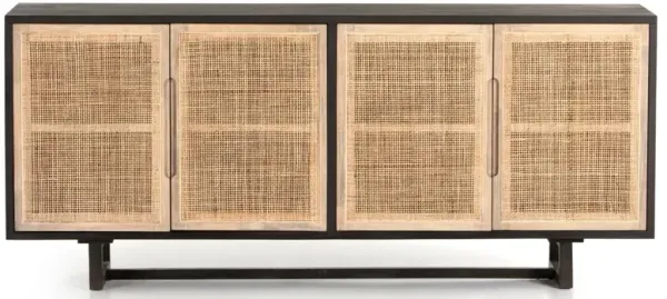 Marina Coastal Beach Black Solid Mango Wood Woven Cane Sideboard