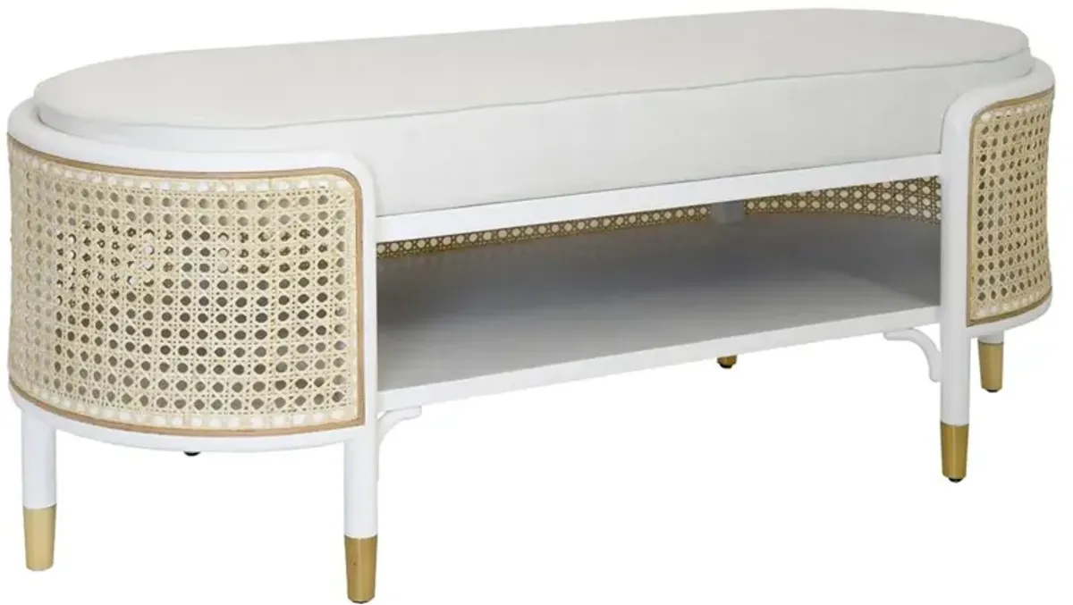 Worlds Away Beale Coastal White Oak Natural Cane White Upholstered Storage Bench