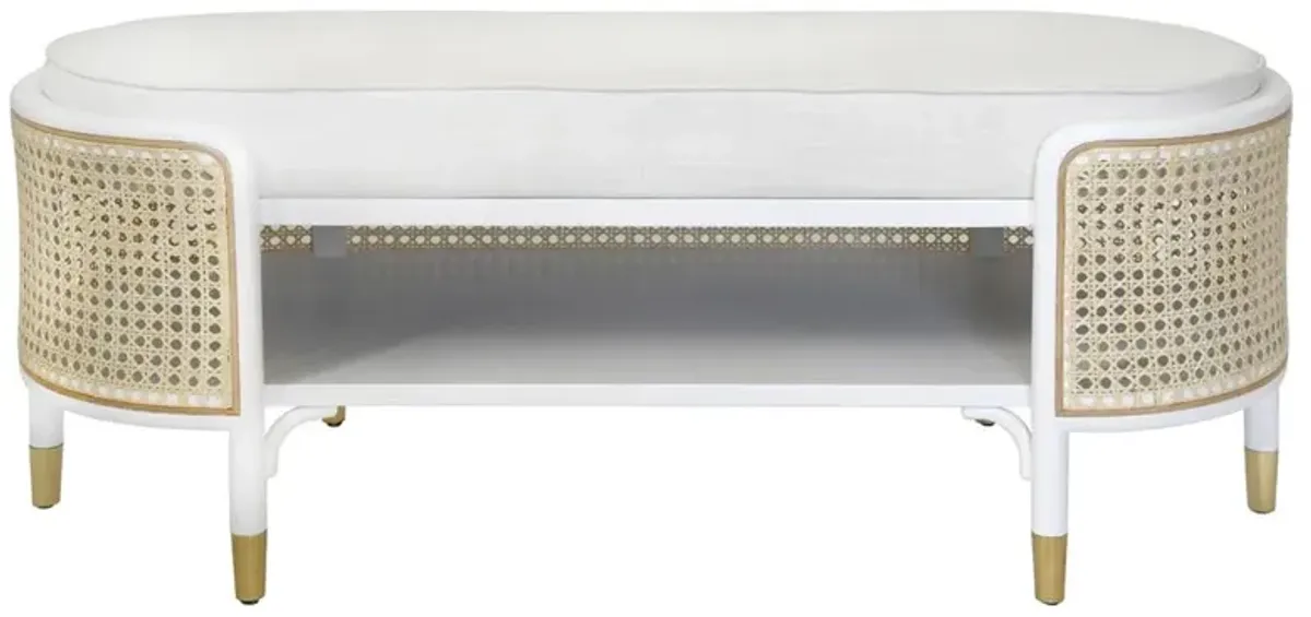 Worlds Away Beale Coastal White Oak Natural Cane White Upholstered Storage Bench