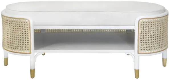 Worlds Away Beale Coastal White Oak Natural Cane White Upholstered Storage Bench