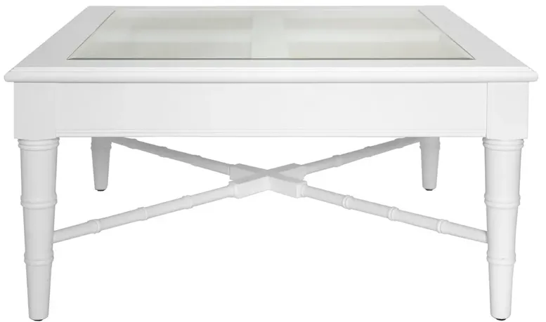 Worlds Away Noreen Natural Woven Cane White Wood Square Coffee Table