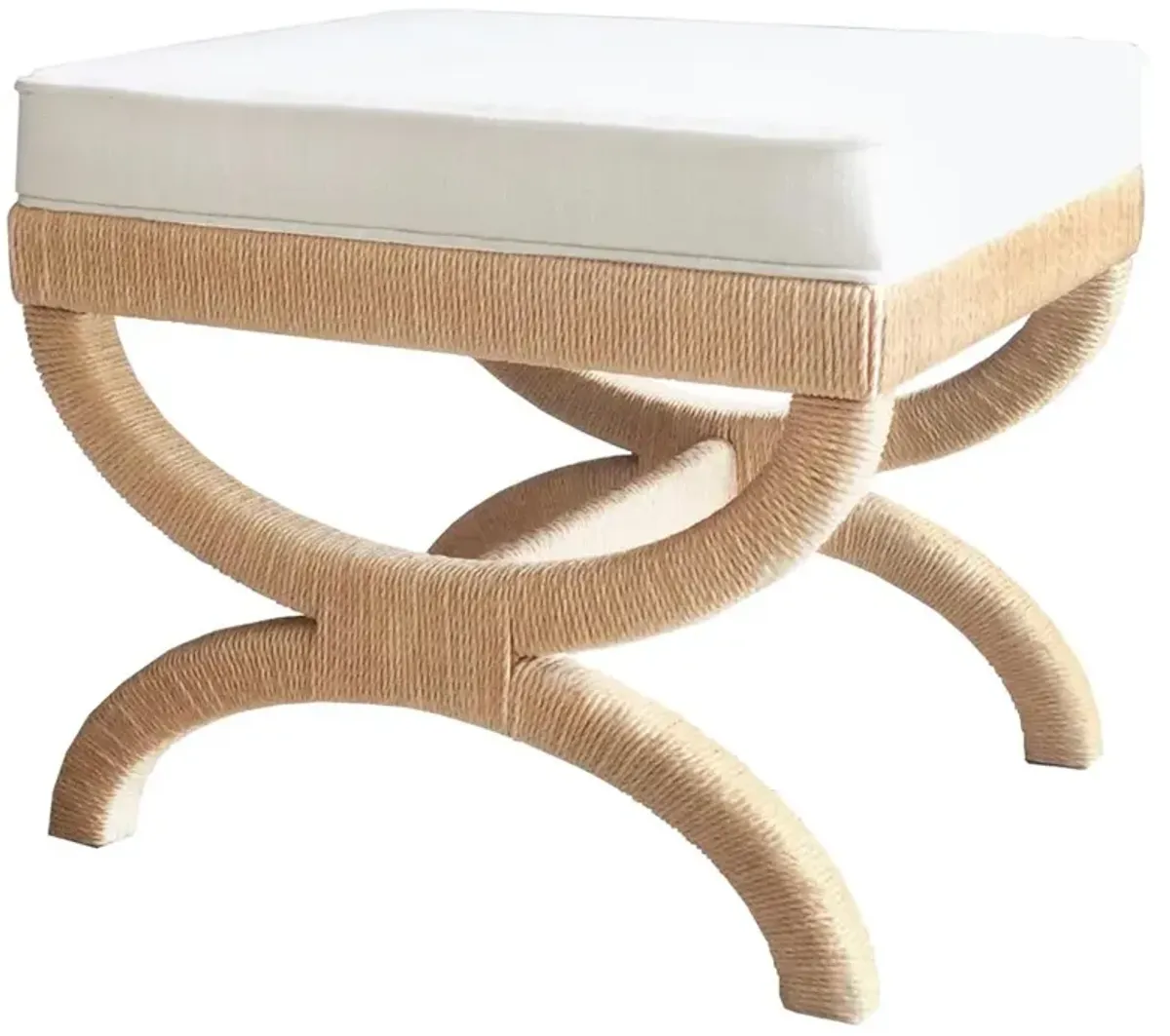 Worlds Away Xanadu Coastal Beach White Upholstered Seat Natural Rope Stool