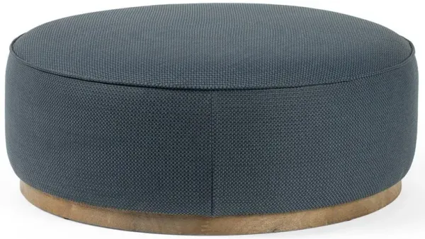 Leah Modern Classic Blue Faux Leather Brown Wood Round Ottoman - Large