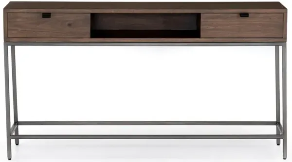 Theodore Industrial Brown Wood Grey Iron Rectangular 2 Drawer Console Table