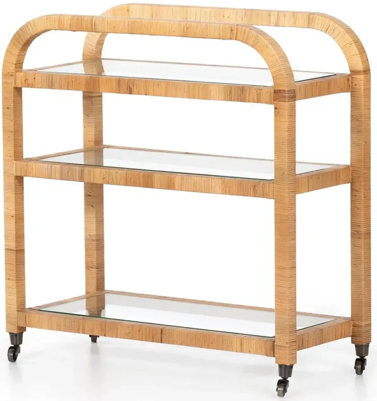 Breech Coastal Beach Brown Rattan Frame Clear Glass Caster Bar Cart