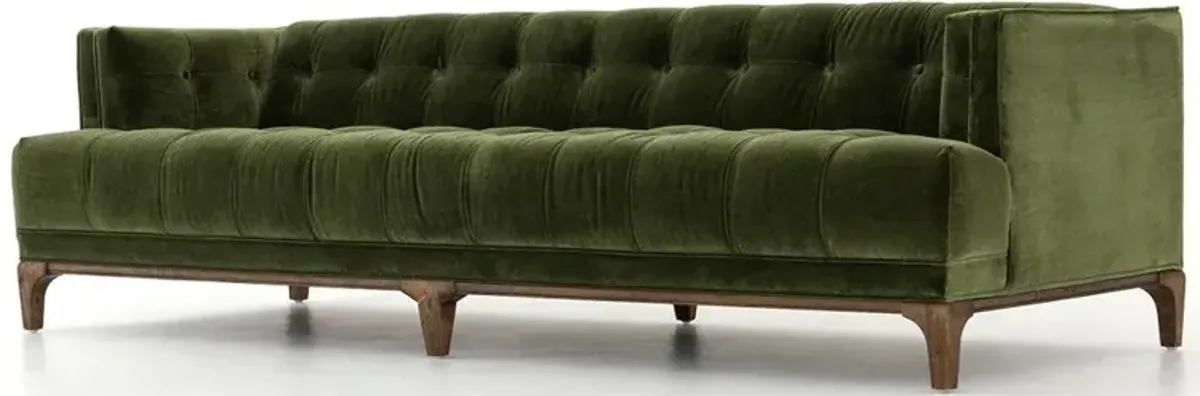 Allen Mid Century Green Velvet Brown Wood Frame Button Tufted Sofa - 91.25"W