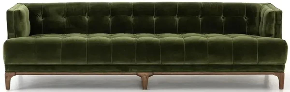 Allen Mid Century Green Velvet Brown Wood Frame Button Tufted Sofa - 91.25"W
