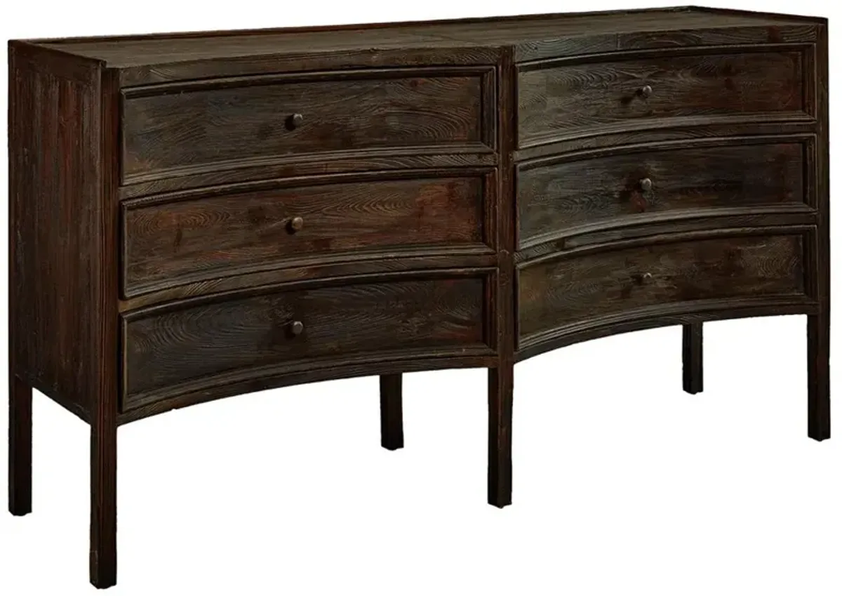 Kadence Rustic Dark Brown Pine Wood Dovetail 6 Drawer Concave Double Dresser