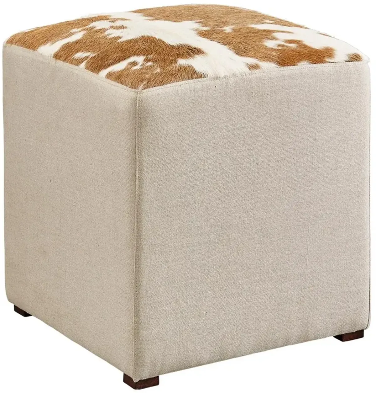 Sariyah Modern Classic Beige Performance Brown Wood Cow Hide Seat Square Ottoman