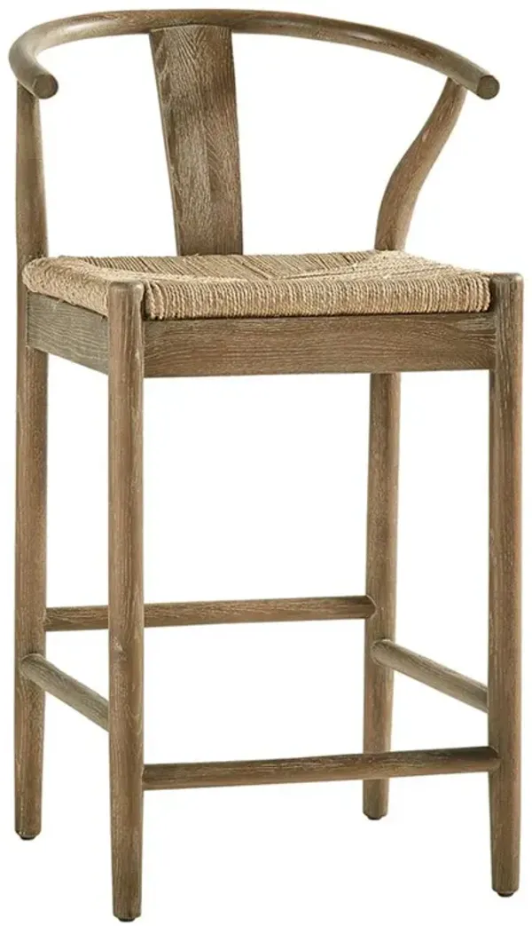 Zhuri Coastal Beach Dark Brown Oak Wood Frame Woven Seat Wishbone Counter Stool
