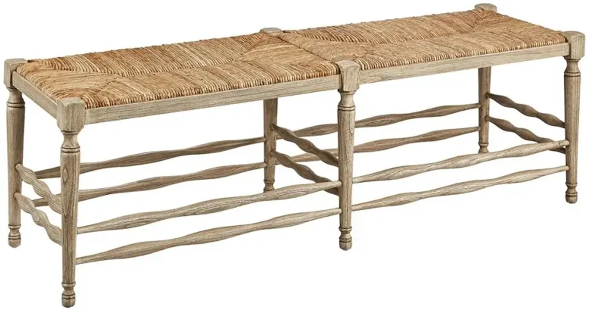 Arnold Coastal Beach Gold Woven Seat Beige Wood Frame Long Dining Bench