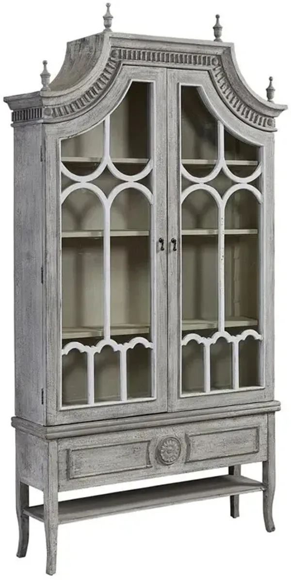 Bien French Country Grey Wood Glass Cathedral Arched Cabinet