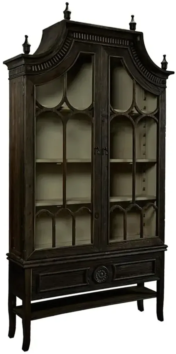 Bien French Country Black Wood Glass Cathedral Arched Cabinet