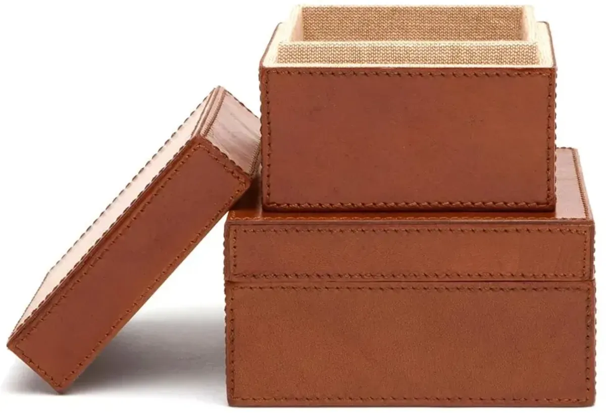 Pigeon and Poodle Stirling Modern Tobacco Leather Square Decorative Boxes - Set of 2