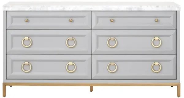 Avril French Country White Marble Top Dove Grey Acacia Wood 6 Drawer Double Dresser