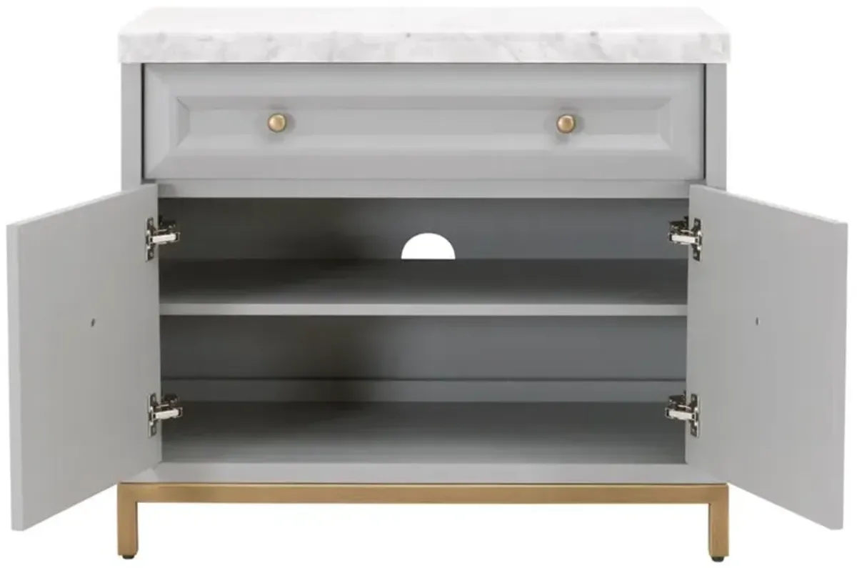 Avril French Country White Marble Top Dove Grey Acacia Wood Media Cabinet