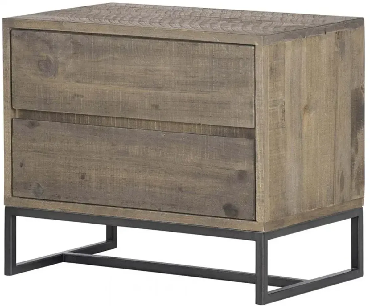 Mylo Rustic Lodge Brown Pine Wood Black Metal 2 Drawer Nightstand