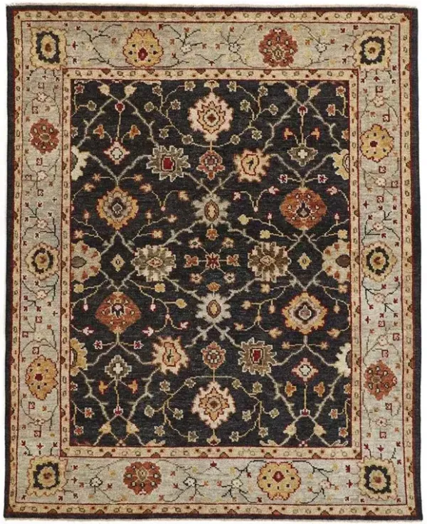 Maia Global Bazaar Black Wool Floral Patterned Hand Knotted Rug - 3'6"x5'6"