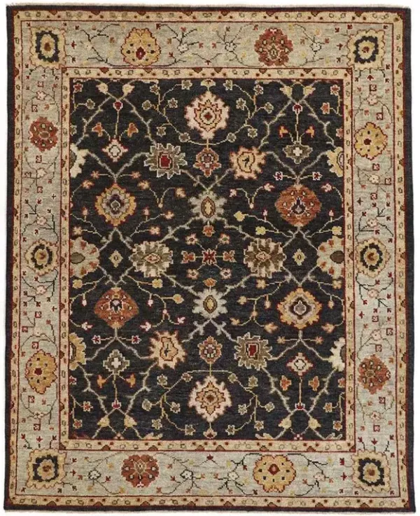 Maia Global Bazaar Black Wool Floral Patterned Hand Knotted Rug - 5'6"x8'6"
