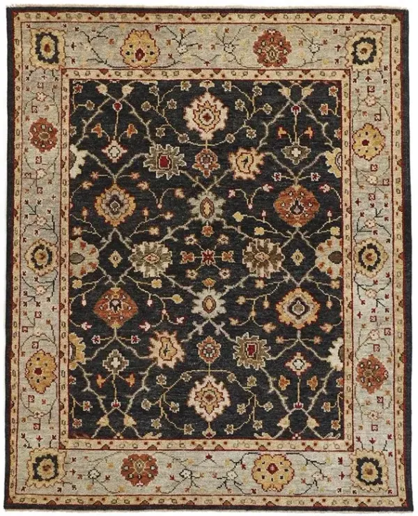 Maia Global Bazaar Black Wool Floral Patterned Hand Knotted Rug - 7'9"x9'9"