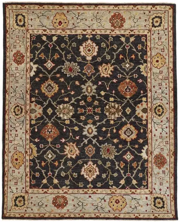Maia Global Bazaar Black Wool Floral Patterned Hand Knotted Rug - 9'6"x13'6"