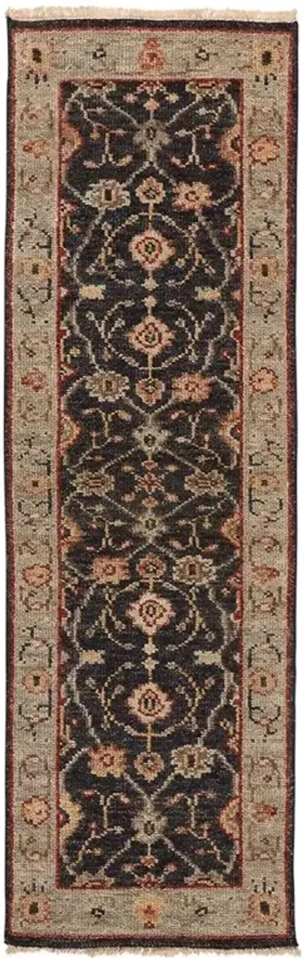 Maia Global Bazaar Black Wool Floral Patterned Hand Knotted Rug - 2'6"x8'