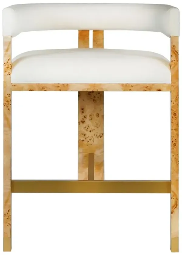 Worlds Away Cruise Mid Century White Upholstered Linen Burl Barrel Counter Stool