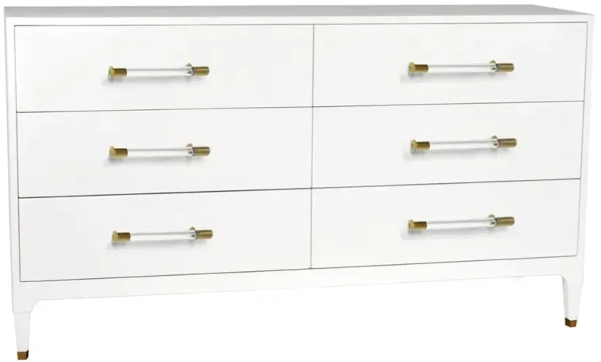 Worlds Away Maren Regency White Linen Clear Acrylic Handles Wood Dresser