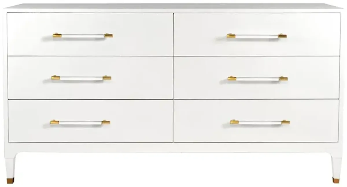 Worlds Away Maren Regency White Linen Clear Acrylic Handles Wood Dresser