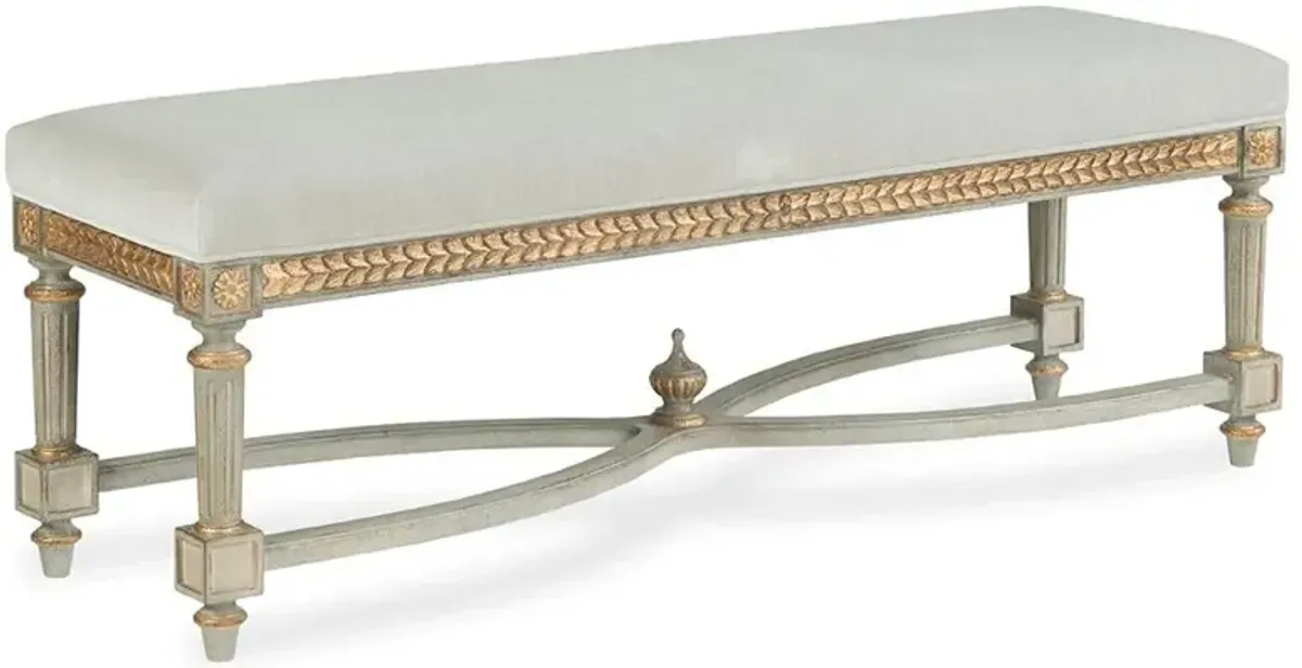 Century Corbett French Light Grey Upholstered Sage Green Wood Gold Accent Bench